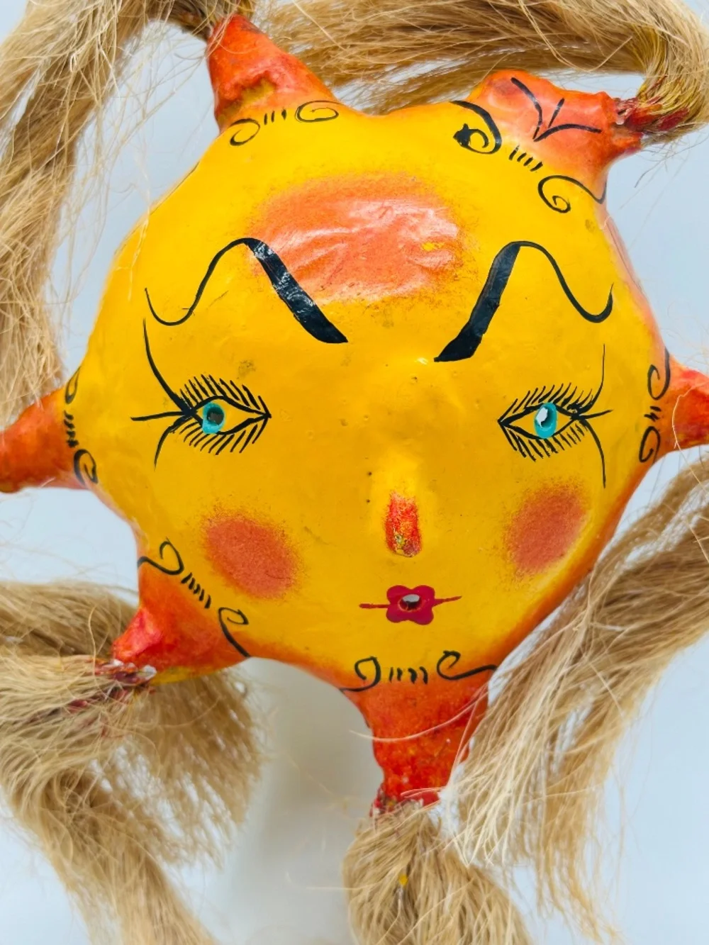 VTG Mexican Folk Art Sun Mask Coconut Shell Straw Hair Hand Painted Wall Hanging